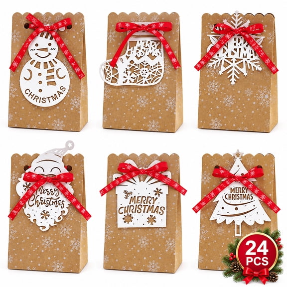 Christmas Treat Bags Goodie Bags Candy Bags Mini Small Kraft Paper Gift Bags for Christmas Party Favors 24 Pcs