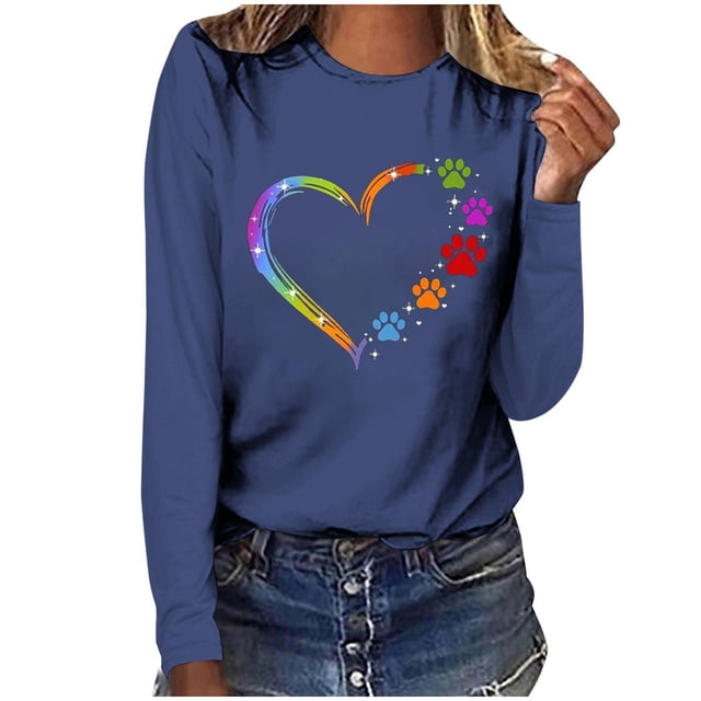 Pisexur Hauts d'Automne pour Femmes Mode Mignon Cœur Graphique Imprimé T-Shirt Hauts Col Rond Manches Longues Chemises pour Femmes Habillées Décontractées Sorties Hauts Confort Polyvalent Léger T-Shirts