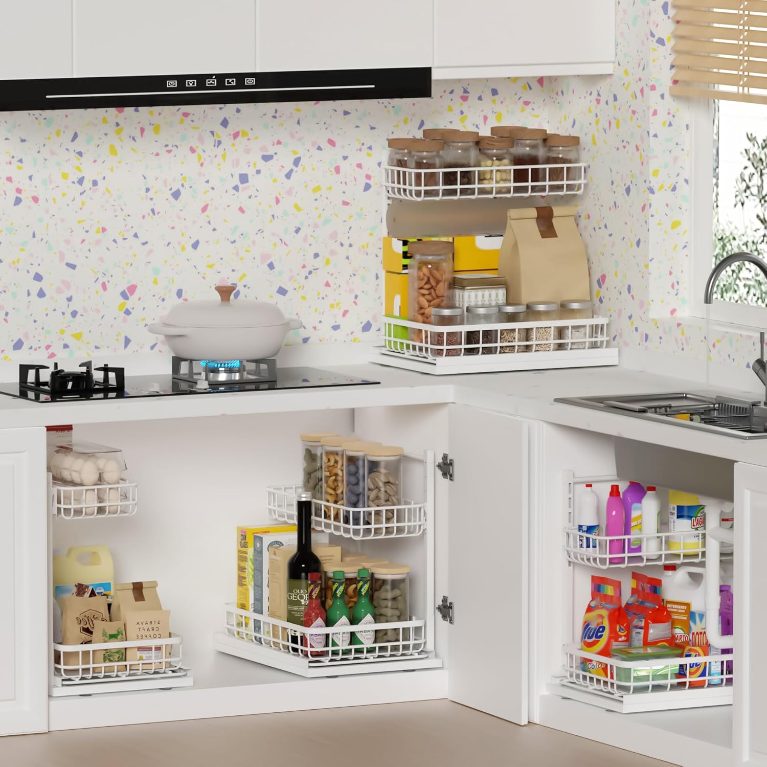 Under Sink Organizer, Adjustable Height Pull-Out Kitchen Storage Organization,15.8" x 11.8" x 16.5", 2-Tier Kitchen Shelf, Bathroom Drawer Organizer, 2 Pack|White