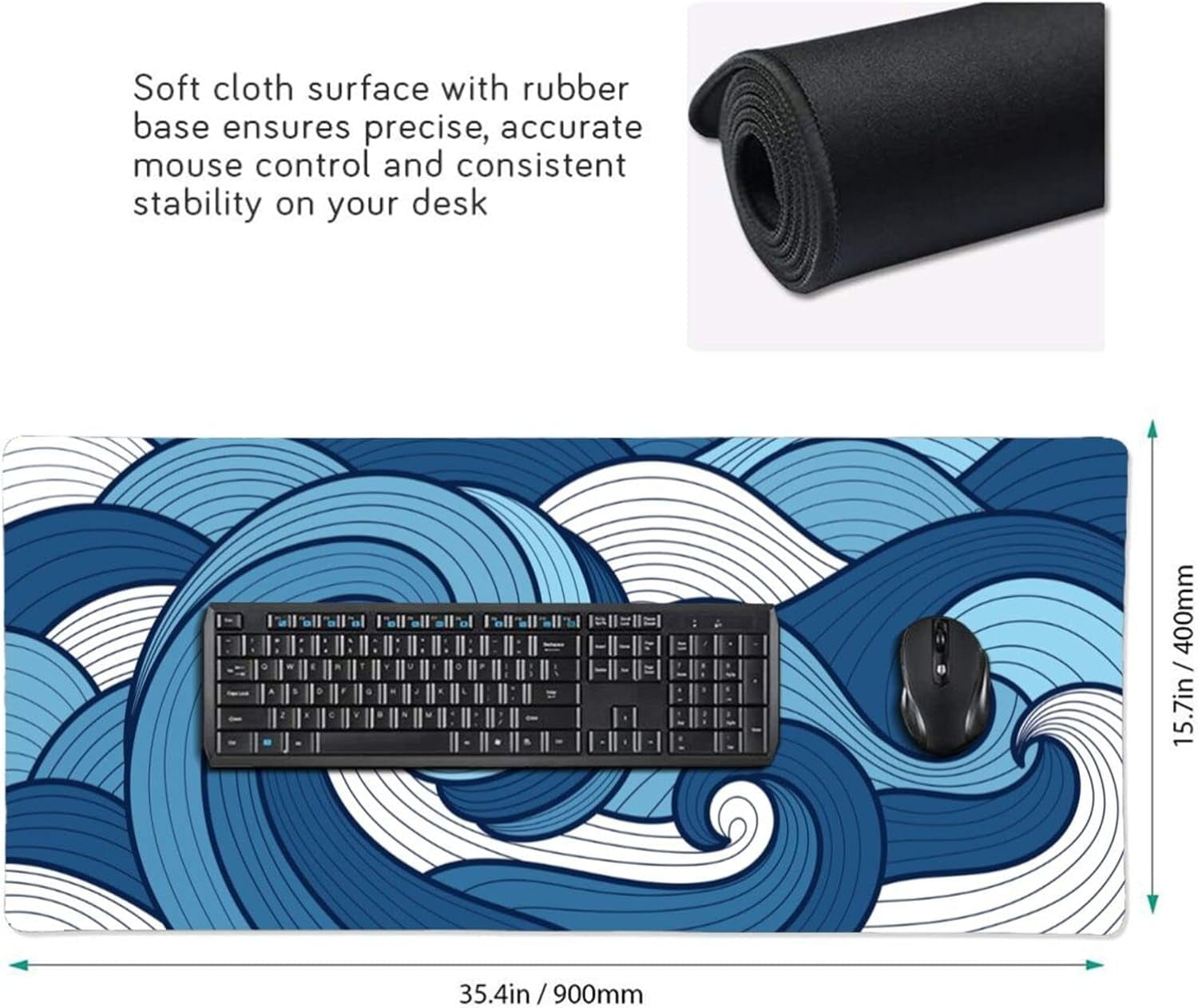 Japanese White and Blue Wave Mouse Pad 35.4 X 15.7 Inch Extended Large Cool Mouse Mat Non-Slip Rubber Base Long Art Mousepad with Stitched Edges Waterproof Desk Pad for Gaming&Home Office,XL