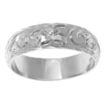 thumbnail image 2 of 14K white gold hand engraved Hawaiian plumeria scroll band ring diamond edge edge 6mm size 5.5, 2 of 6