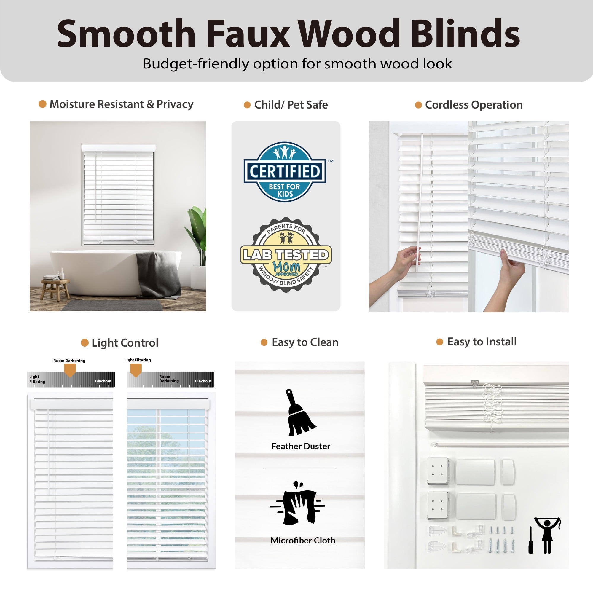 Regal Living Cordless 2-inch Room Darkening Faux Wood Blind, Smooth White, 30" x 60"