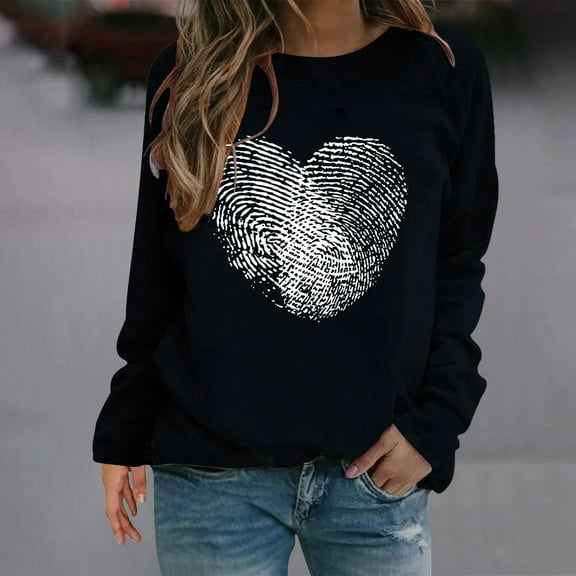 Baqcunre Valentine'S Day Shirts For Women Fingerprint Heart Print Round Neck Long Sleeve Top(Black S-3XL),Long Sleeve Shirts For Women Graphic Tees For Women Holiday Tops For Women 2023 Womens Tops