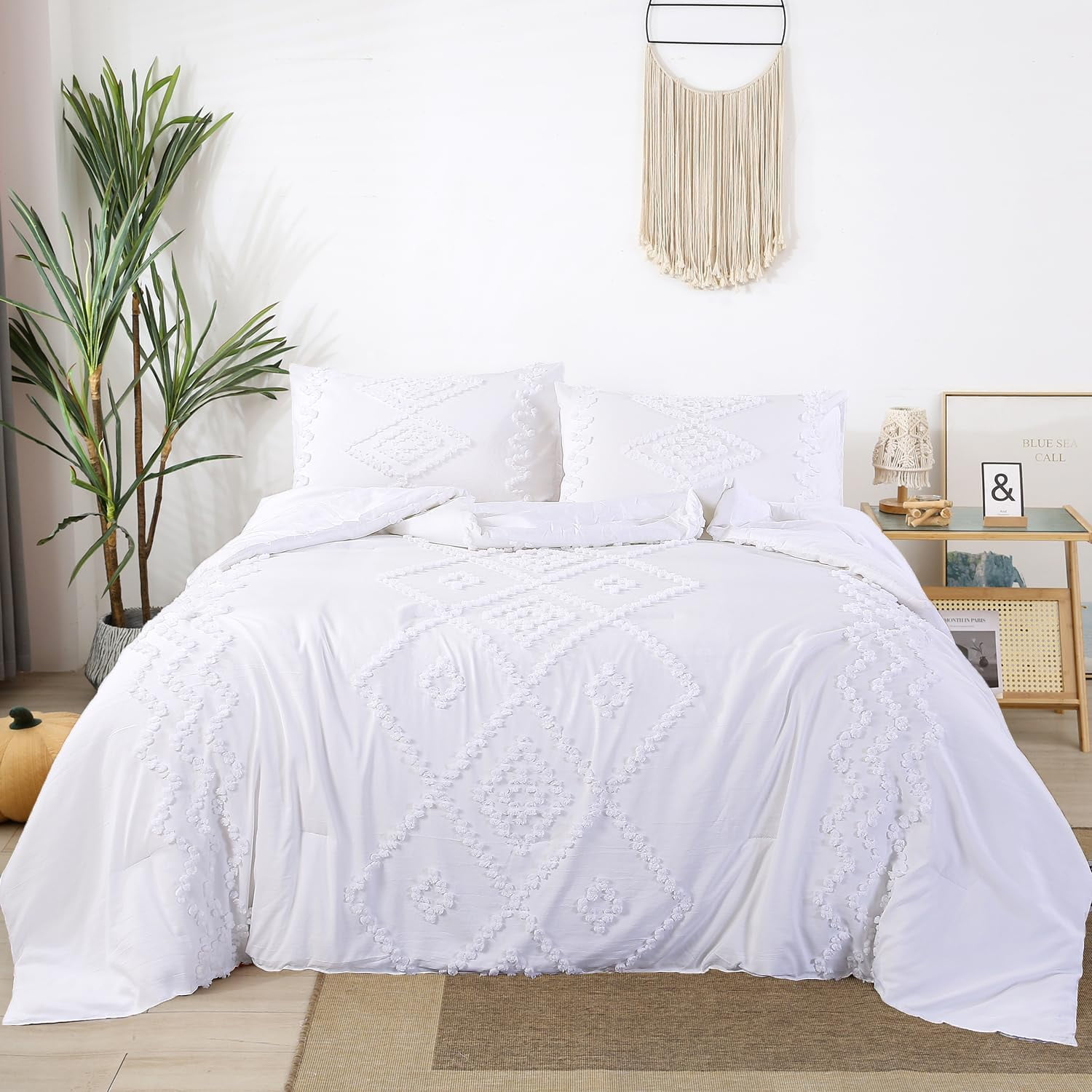 White King Size Comforter Set, 3 Pieces Geometric Tufted King Size