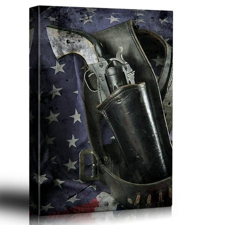 wall26 - Pistol and Flag - Revolver in a Holster and Gun Belt with The American Flag Draped Behind - Patriotic Rustic Art - Canvas Art Home Decor - 32x48 (Best Handgun For First Time Gun Owner)