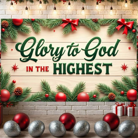 Green Lettering Glory to God Banner Red Bow Christmas Banner Pine Branch Star Ornament Religious Banner for Christmas Celebration Church Service Worship Event