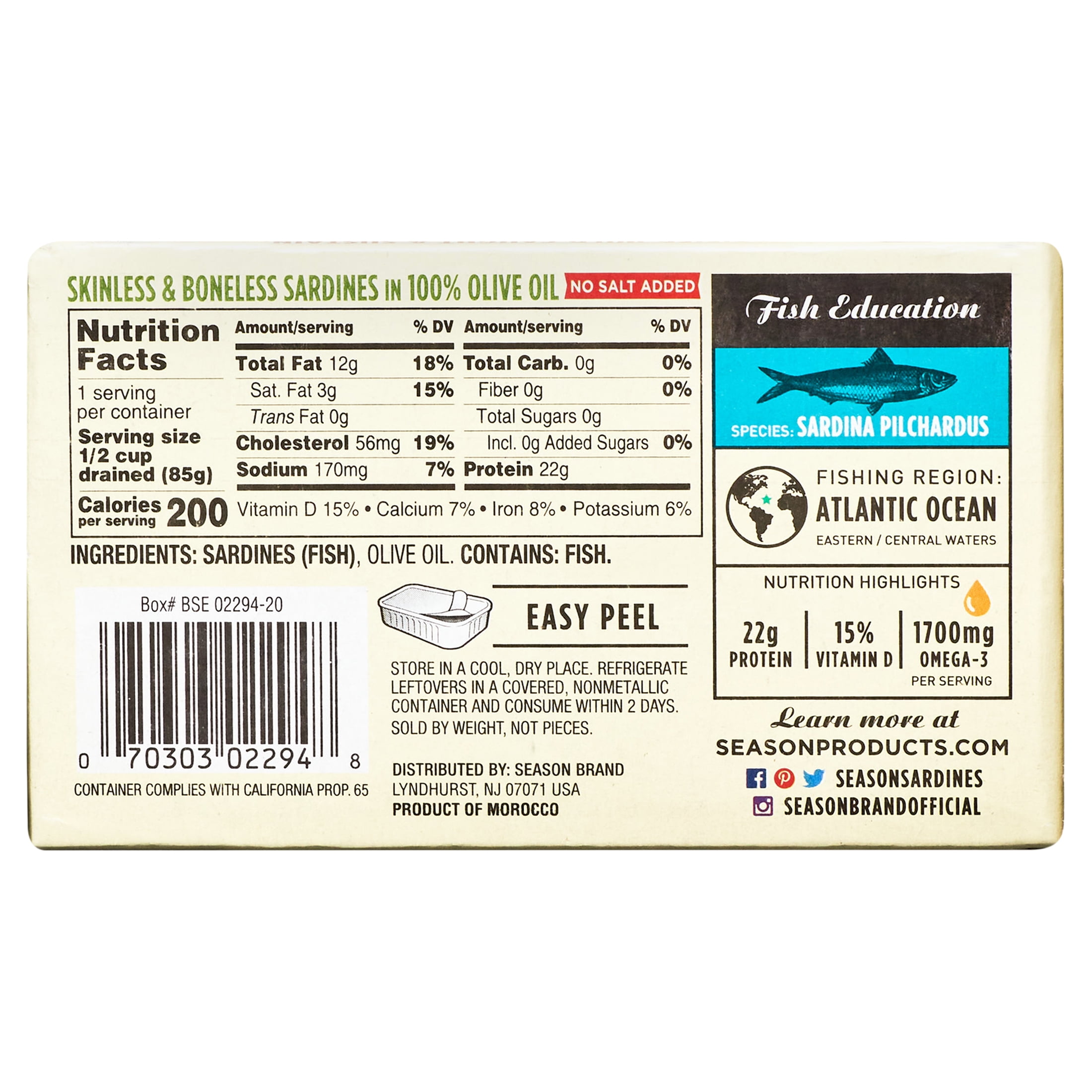 (6 pack) Season Brand Sardines in Pure Olive Oil, 4.375 oz
