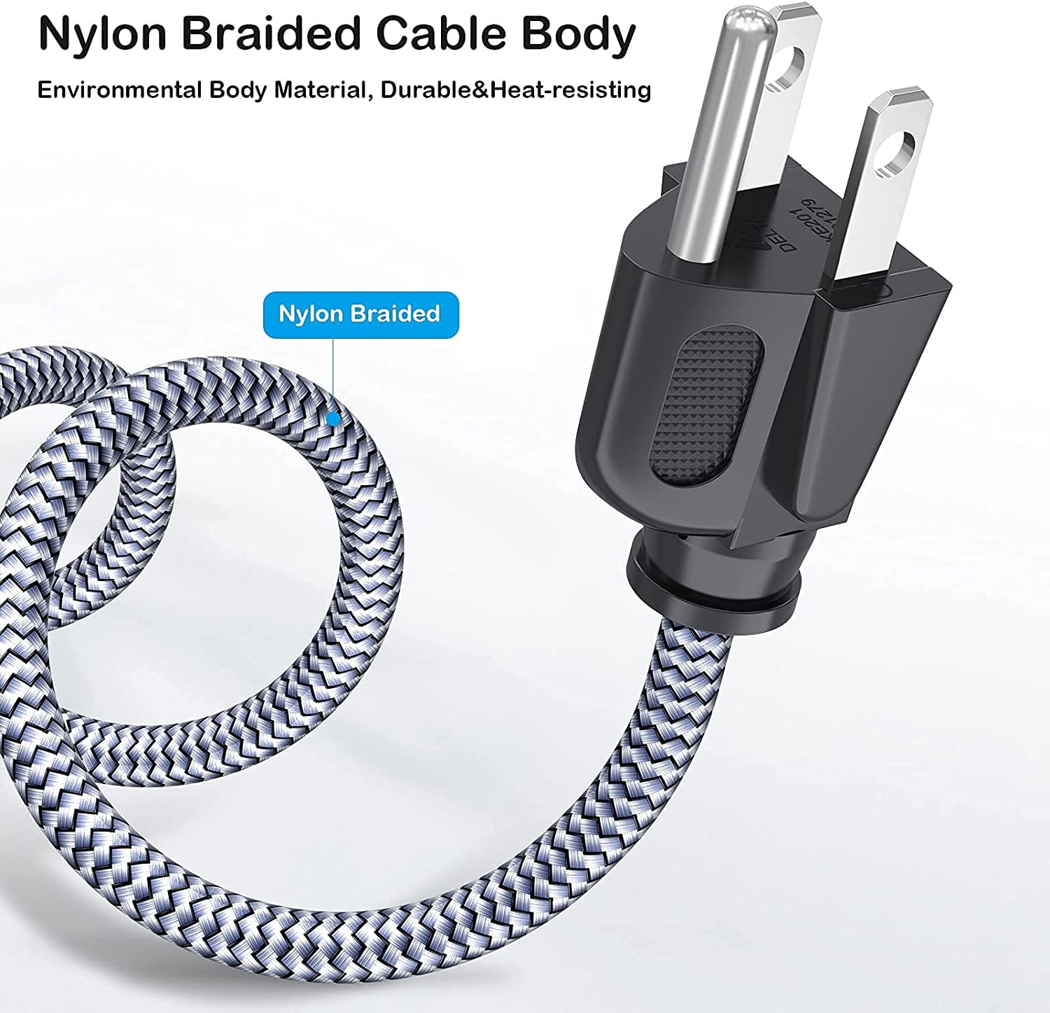 JJEAN-Power Cord, 3.3FT/1m 3 Prong AC Power Cable Nylon Braided Replacement 3 Pin Power Cord UL Certified for Computer, TV, Monitor, Printer, PC, Projector, Laptop and More, Grey