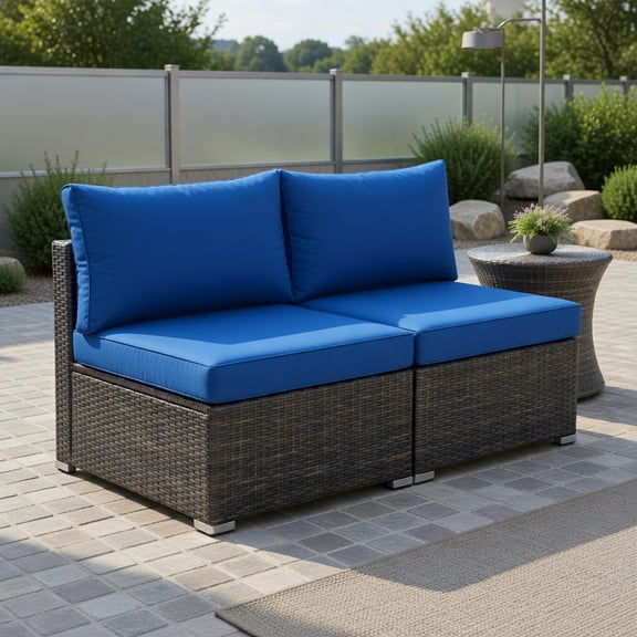 Yardi Yard 2 Pieces Patio Rattan Armless Sofa Set with 2 Cushions and 2 Pillows-Navy, Outdoor Sofa Sectional for Patio Back Deck, Balcany, Poolside