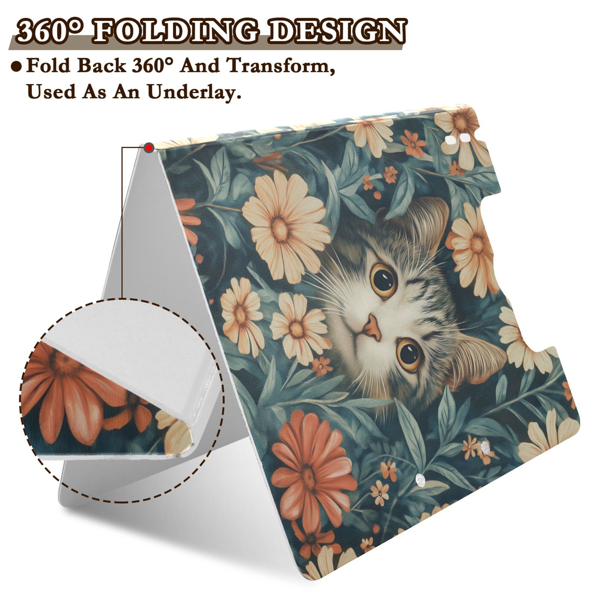 FORMRS A4 Clipboard Folder with Pen Holder Horizontal Foldable School Office Binder, Flowers Cat