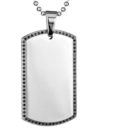 Crucible Stainless Steel High-Polish with Black CZ Dog Tag, 24 Ball Chain