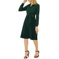 thumbnail image 4 of INSPIRE CHIC Women's V Neck Long Sleeve Pleated Hem Belted Chiffon Shirt Dress XS Dark Green, 4 of 6