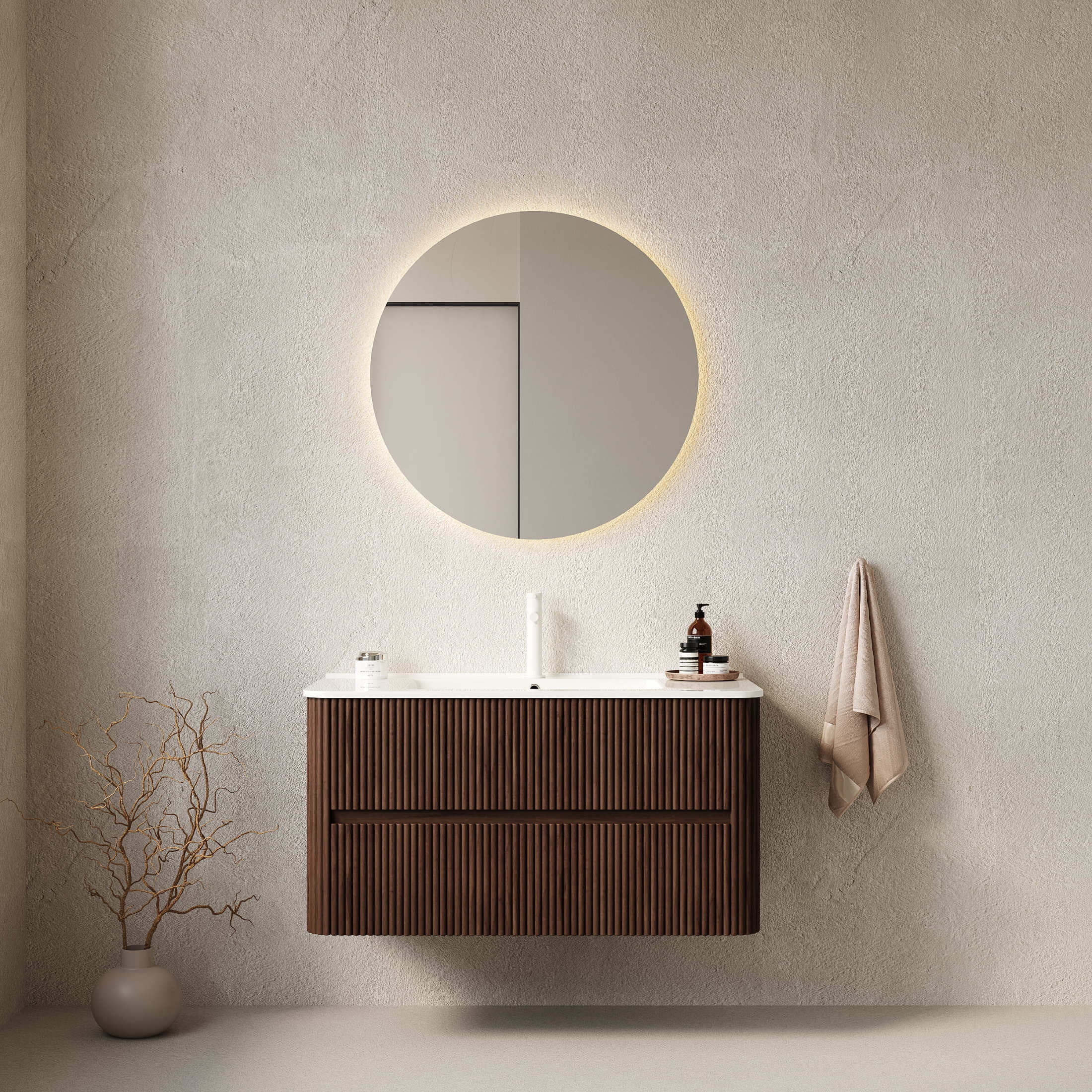 Noble House Noor 36" Floating Bathroom Vanity with Seamless Ceramic Basin, Retro Soft-Close Drawers, Walnut