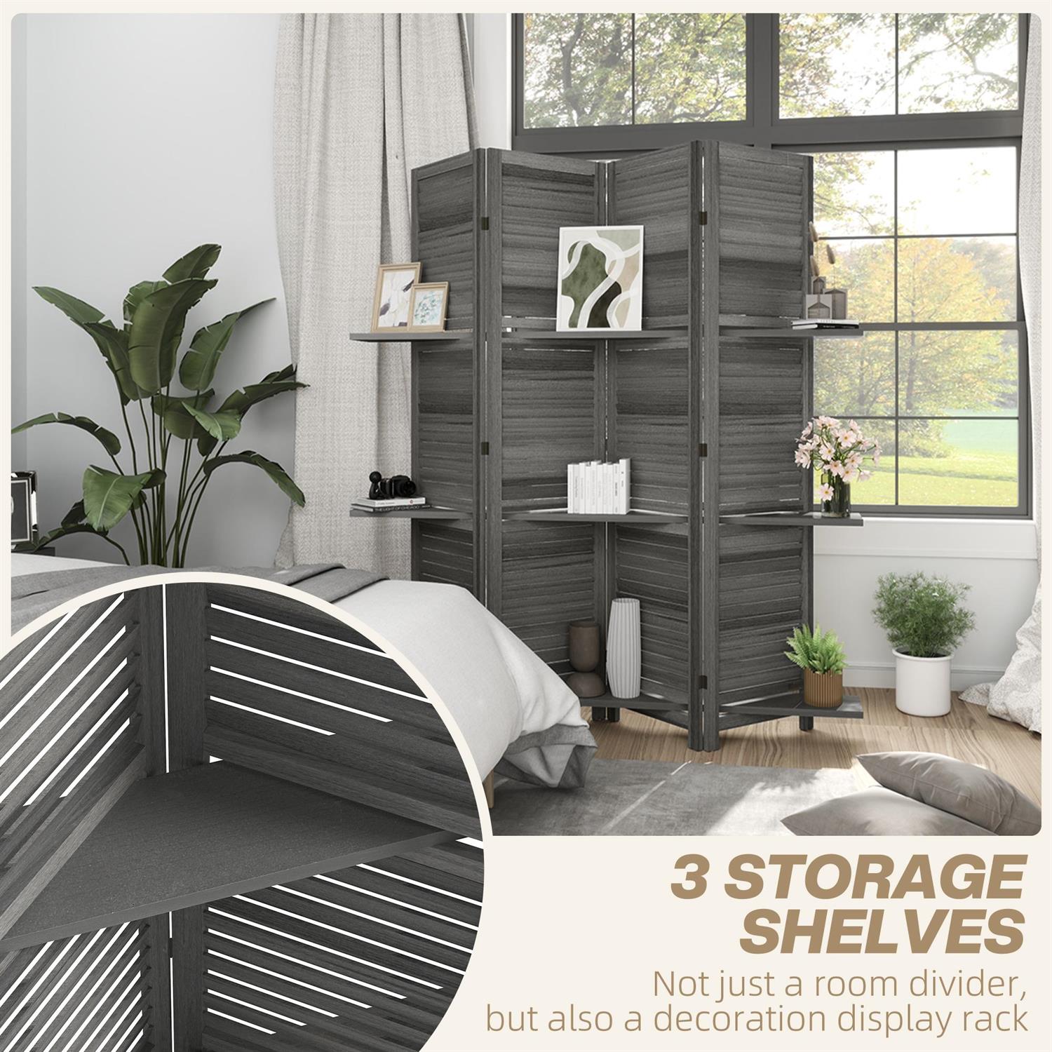 Demi Bonn 67" Tall Wood Privacy Screen Room Divider with 4 Panels, 3 Shelves, Folding Storage for Bedrooms, Gray