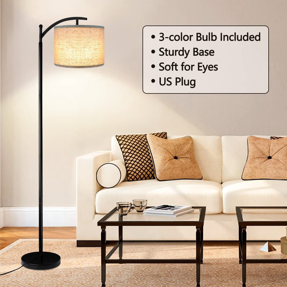 Floor Lamp With 3cct Led Bulb  Gray Linen Shade For Living Room Modern Standing Bedrooms - Black