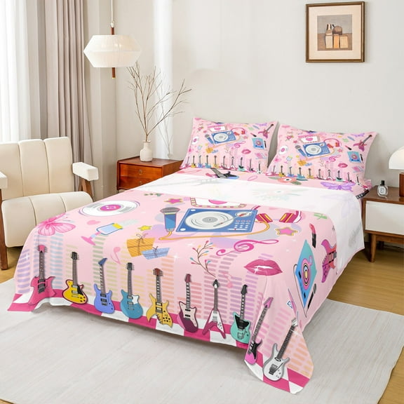 Manfei Colorful Guitar Twin Sheet Sets,Music Instruments Twin Fitted Sheet,Chic Flower Butterfly Flat Sheet For Girls,Microfiber Bedroom Decor,3-Piece