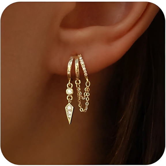 DESIGNICE Dangle Earrings for Women,14K Gold Plated Triple Huggie Stud Earrings Cute Statement Chain Earring Dainty Drop Earrings for Women Trendy Gold Plated Jewelry
