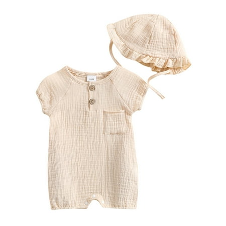 

Nokpsedcb Infant Baby Boy Girl Solid Color Clothes Set Short-sleeved Crew Neck Chest Pocket Jumpsuit Romper with Lace Hat for Summer Cream Color 6-9 Months