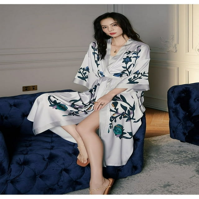 Kimono Robes for Women Long Satin Robe Floral Silk Robes Kimonos Bathrobe Dressing Gown One Size