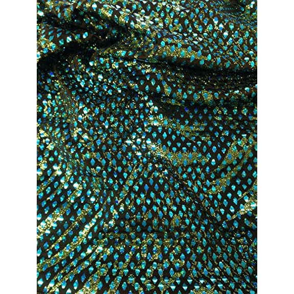 Shiny Diamond Faux Sequins & Glitter Waves on Stretch Lightweight Polyester Spandex Fabric by The Yard (Turquoise/Lime/Black)