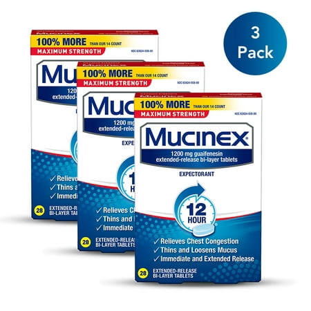 (3 Pack) Mucinex Maximum Strength 12 Hour Chest Congestion Expectorant Relief Tablets, 1200 mg, 28 Count, Thins & Loosens (Best Medicine For Chest Congestion And Mucus)