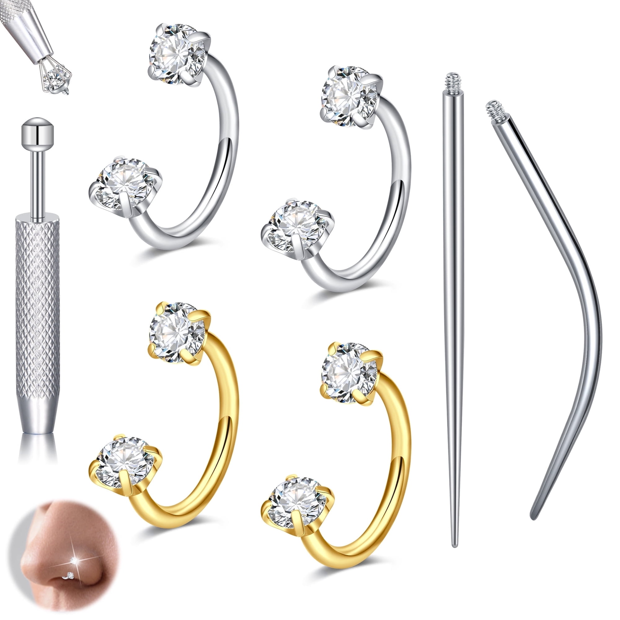 Horseshoe Nose Ring for Women, 316L Steel Double Gem Set Septum Ring With Grabber Tool and Taper