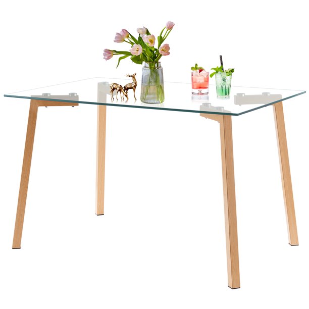 Boowill Modern Dining Table Rectangular Glass Table with Sturdy Metal