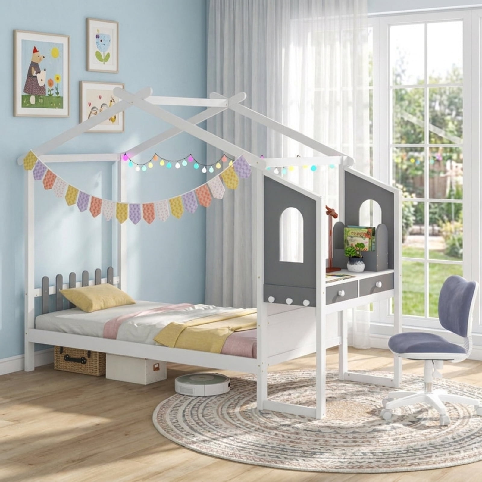 Furnibear Twin Size Kids House Bed Frame with Roof Canopy Fence and Storage Desk for Kids Bedroom, White and Gray