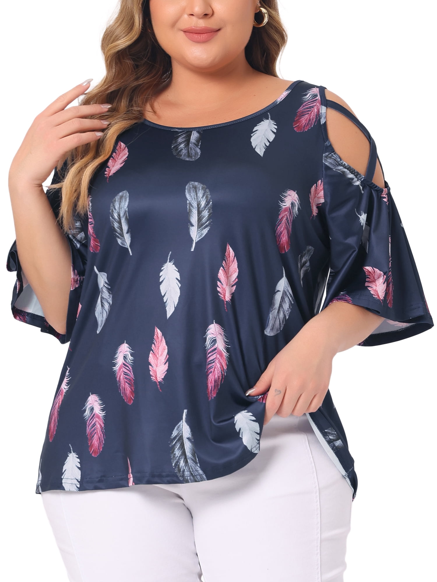 DARING DIVA Women's Plus Cold Shoulder Feather Round Neck Summer Tops 4X Navy Blue