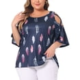 thumbnail image 2 of DARING DIVA Women's Plus Cold Shoulder Feather Round Neck Summer Tops 1X Navy Blue, 2 of 6