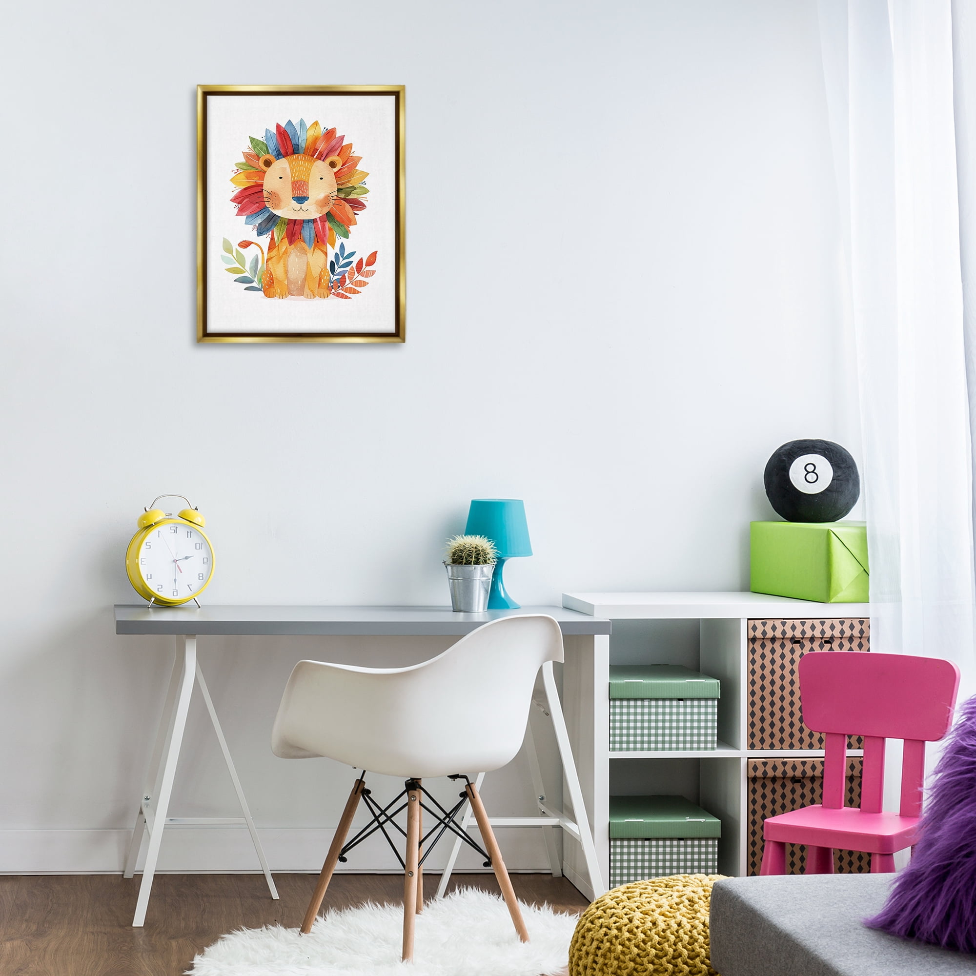 Stupell Industries Rainbow Blooms Lion Animals Painting Gold Floater Framed Canvas Art Print Wall Art, 17 x 21
