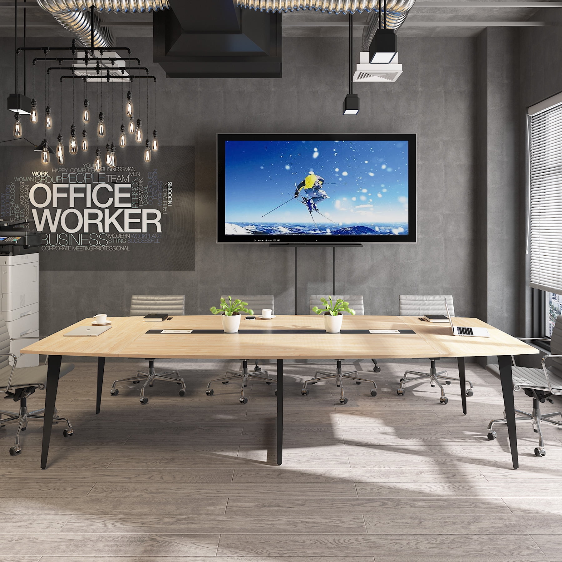 Tribesigns 8ft Boat-Shaped Conference Table - 94.48"L x 47.21"W Modern Boardroom Table with Cable Management, Light Wood Grain Office Meeting Table