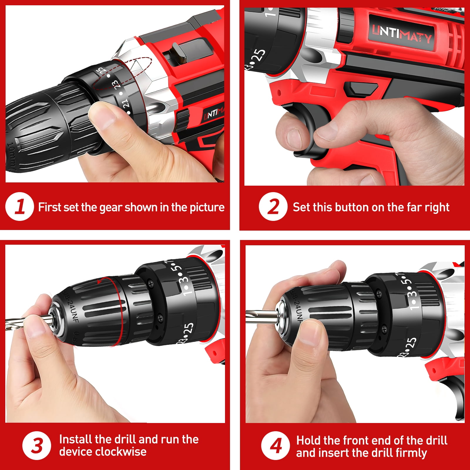 UNTIMATY 21V Cordless Power Drill Set, Power Drill Driver Kit with Lithium-Ion Battery and Charger, 3/8-Inch Keyless Chuck, 2 Variable Speed, 25+3 Position and 31pcs Drill/Driver Bits, Red
