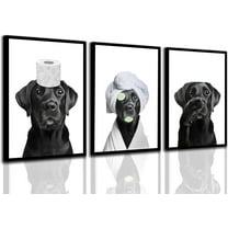 Hieng Black Labrador Dog Bathroom Canvas Wall Art Cute Animal Black and White Picture Painting Wall Decor Funny Toilet Paper Poster Print Artwork for Restroom Washroom Toilet Decor,(Framed canvas)