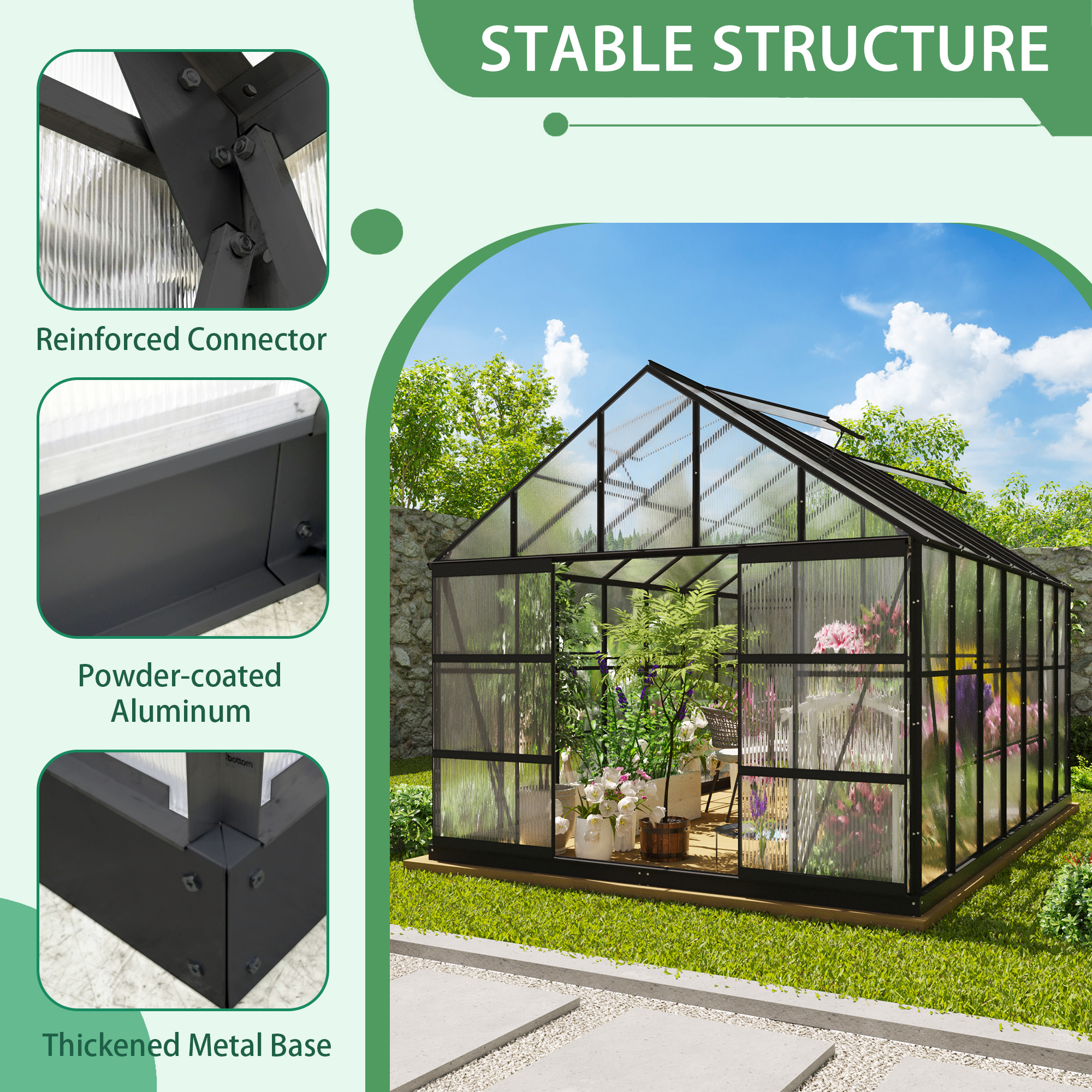 10x14 FT Outdoors Greenhouse, Walk-in Aluminum Polycarbonate Greenhouses with 4 Roof Vent Windows and Lockable Double Doors, for Plants in Winter(Black)