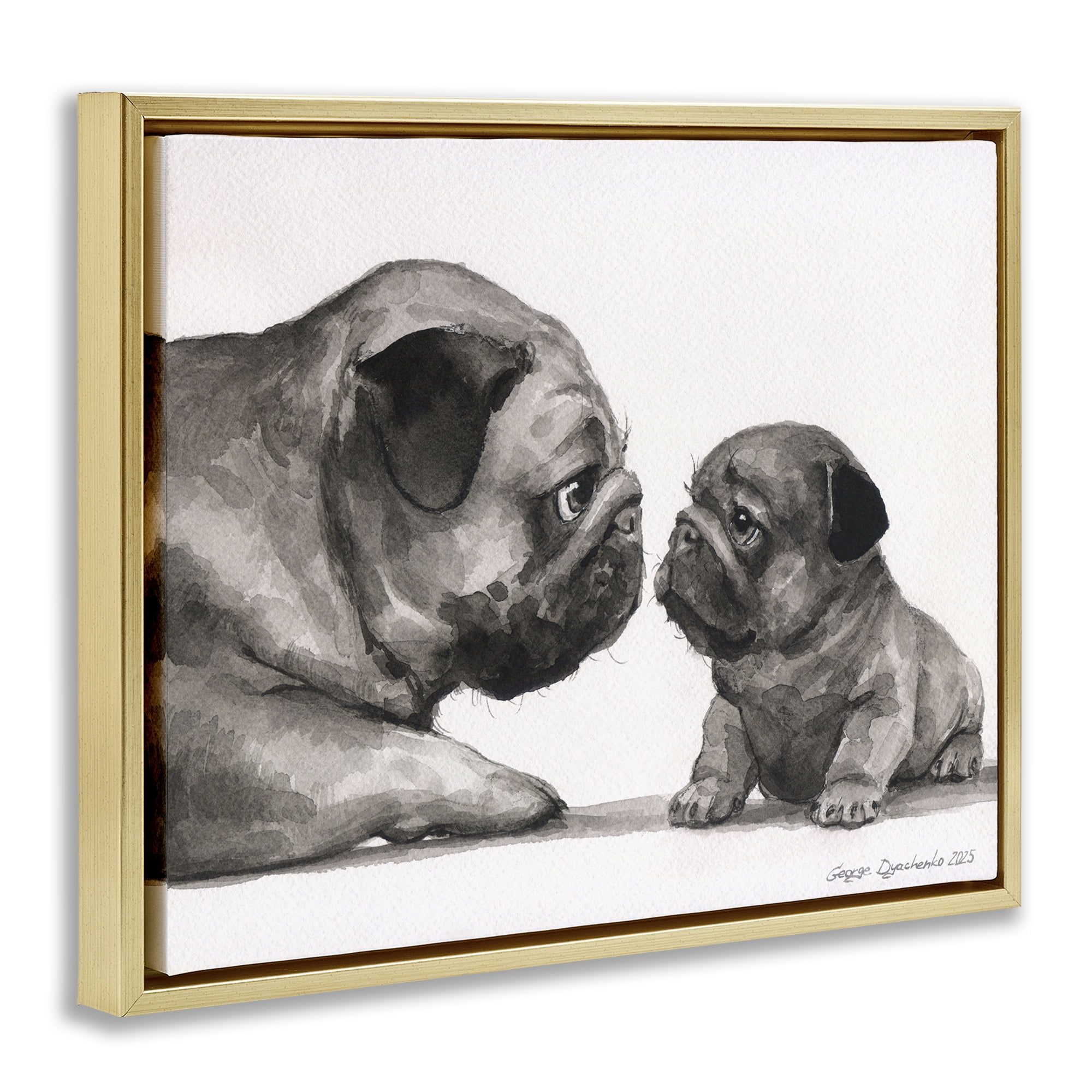 Stupell Industries Pug And Her Puppy Gold Framed Floater Canvas Wall Art, design by George Dyachenko