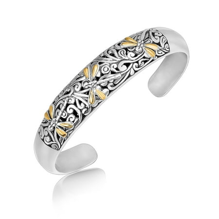 Dragonfly Cuff Bracelet - 18K Yellow Gold and Sterling Silver Cuff with Dragonfly and Flourishes