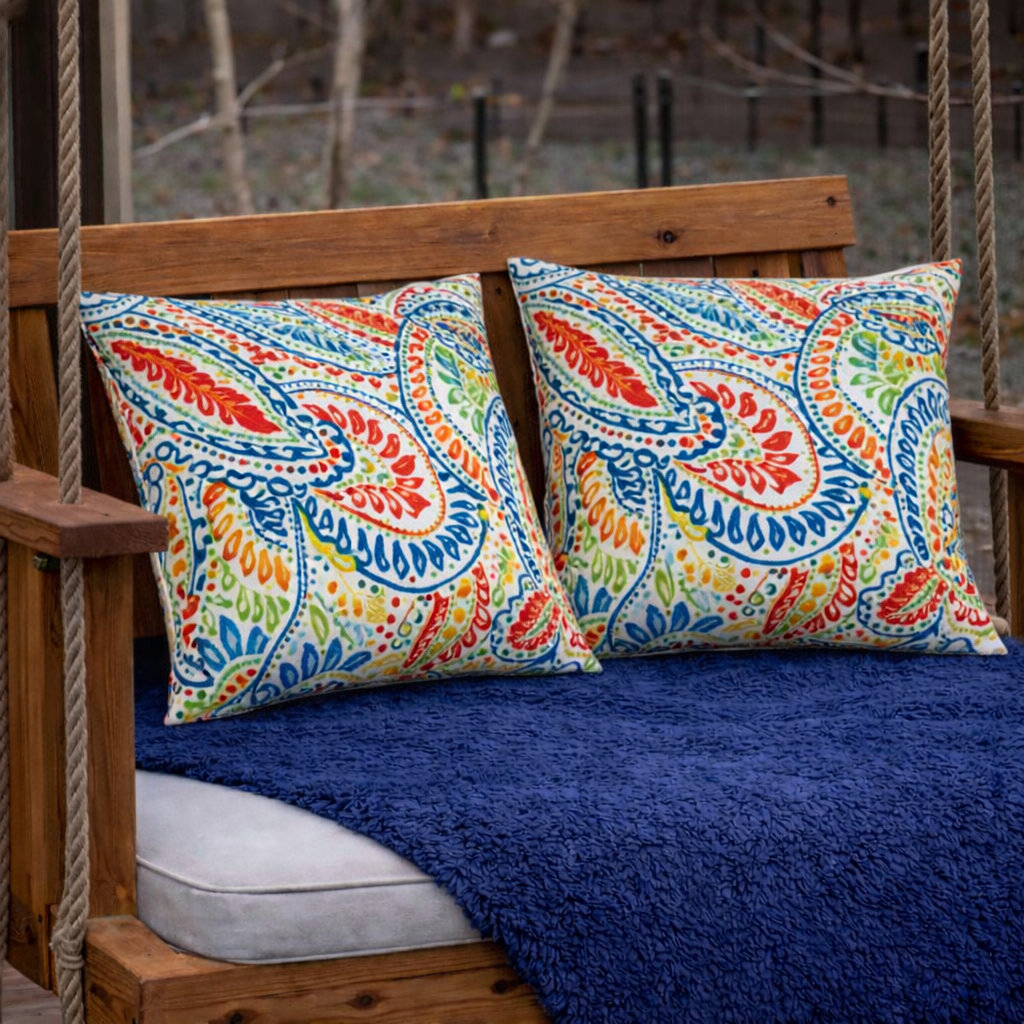 2-Pack Waterproof Outdoor Throw Pillows, 18x18 Inch, Vibrant Paisley Water-Resistant Patio Pillows for Deck, Porch & Garden