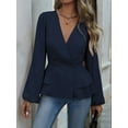 thumbnail image 2 of Women'S Elegant Solid Color Double Breasted Ruffle V-Neck Long Sleeved Shirt Navy Blue L, 2 of 8