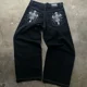 thumbnail image 3 of Y2K, pantalones vaqueros rectos con patrón de calavera y bolsillo clásico retro a la moda, pantalones sueltos de mezclilla de pierna ancha lavados góticos americanos de verano, 3 of 5