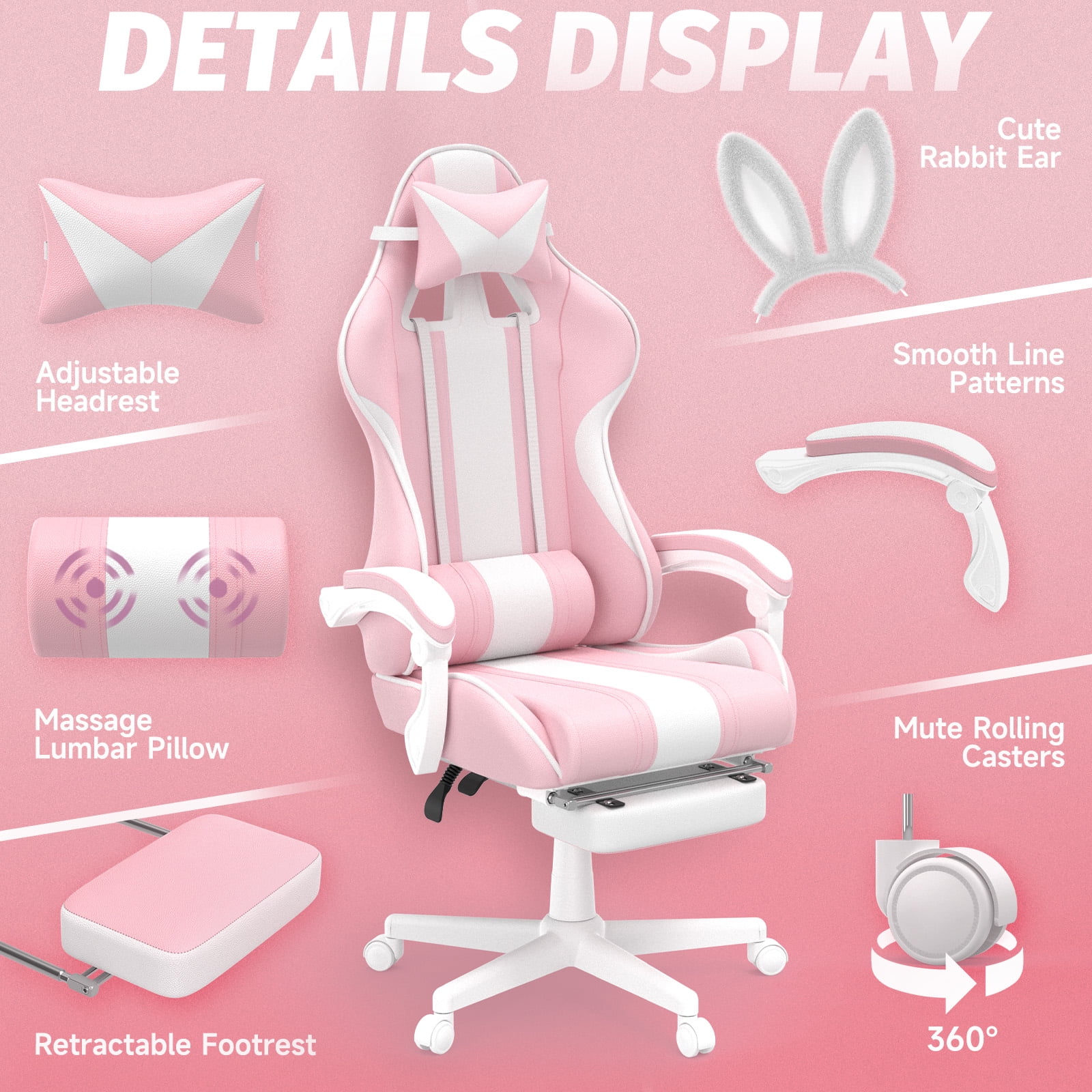 Luxvie Pink Gaming Chair with Footrest High Back Ergonomic Office Gamer Chair with Massage and Headrest Lumbar Support Swivel Computer Game Chair Cute Bunny Ears for Adults