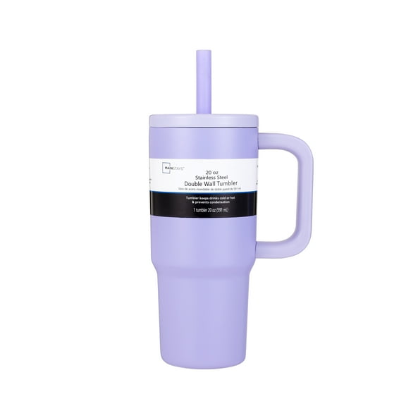Mainstays 20 oz Double Wall Stainless Steel Tumbler with Straw Lid, Purple