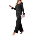 thumbnail image 4 of Pijamas de mujer de manga larga con lazo lateral, botones en la parte delantera, dobladillo con volantes y pantalones de pierna ancha, conjunto de ropa de dormir, color negro, 4 of 6