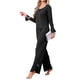 thumbnail image 4 of Pijamas de mujer de manga larga con lazo lateral, botones en la parte delantera, dobladillo con volantes y pantalones de pierna ancha, conjunto de ropa de dormir, color negro, 4 of 6
