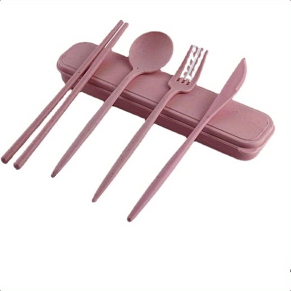 QUTETN 1 Portable Tableware Set knife Fork Spoon Chopsticks Picnic Student Tableware silverware plastic beige