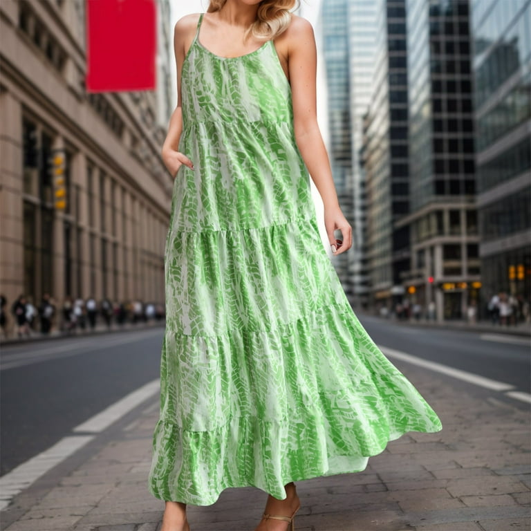 Fsqjgq Summer Dress White Dress Party Dress Petite Casual Dresses for Women  Spaghetti Strap Scoop Neck Floral Maxi Dress Flowy Boho Long with Pockets  Boho Vacation Dresses Flowy Wrap V Neck Beach