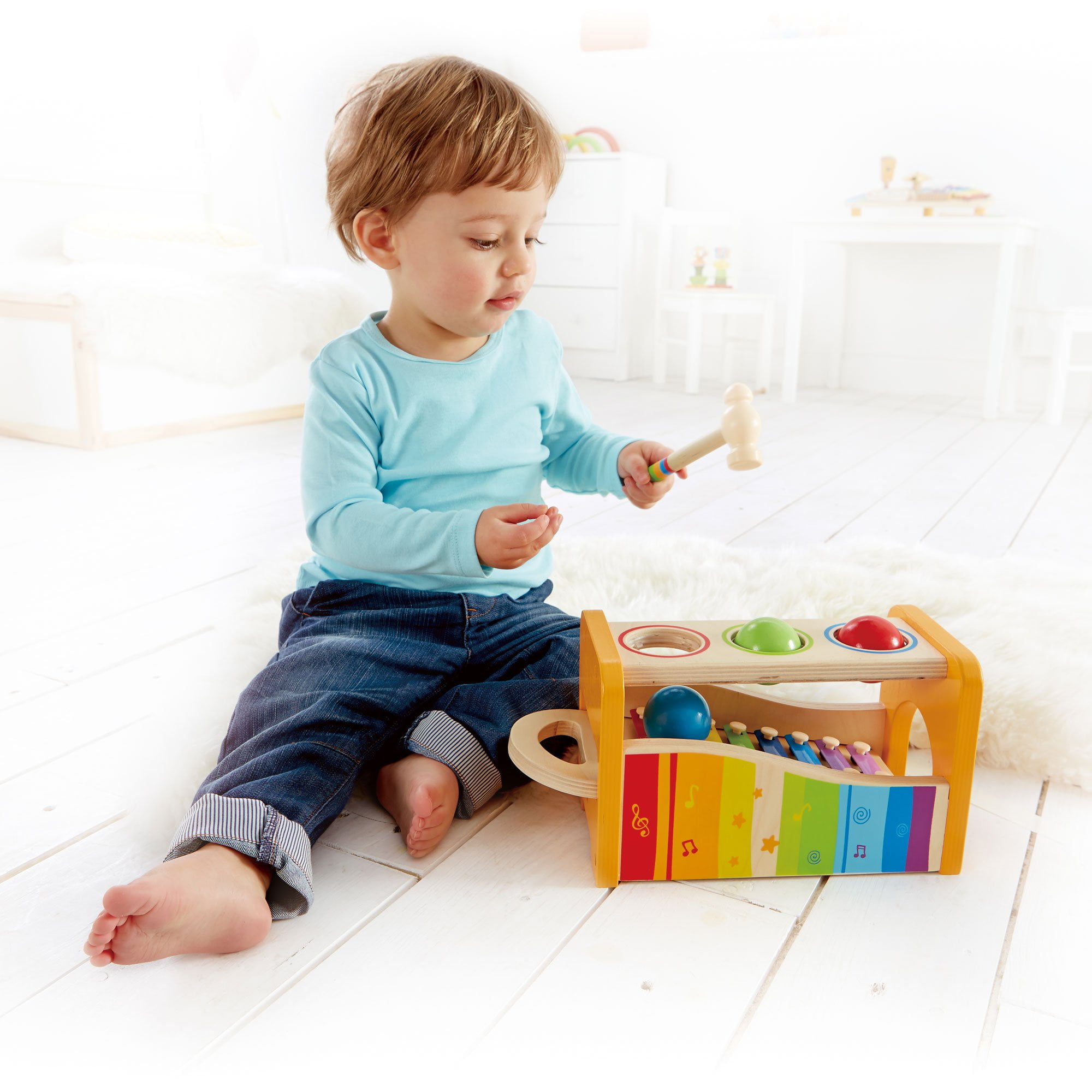 Hape Kids Wooden Musical Instrument Rainbow Pound and Tap Bench with Xylophone 