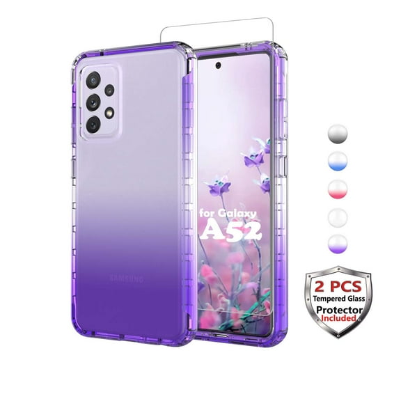Galaxy A52 5G Case Clear, (2 Pack) Temerped Glass Screen Protector for Galaxy A52 5G 6.5" 2021, Njjex Crystal Clear Shock Absorption Technology Bumper Soft TPU Cover Case -Purple