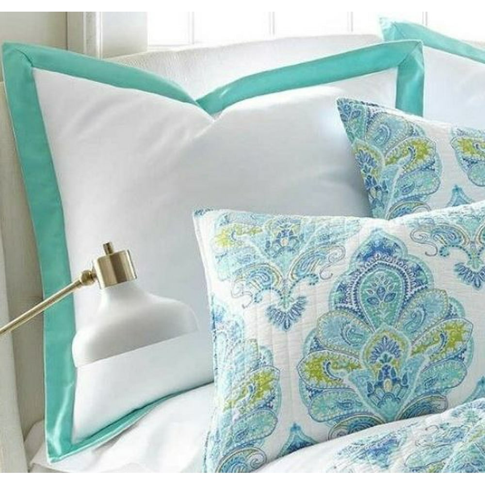 Levtex Home Brooke European Pillow SHAM White Turquoise Blue Border