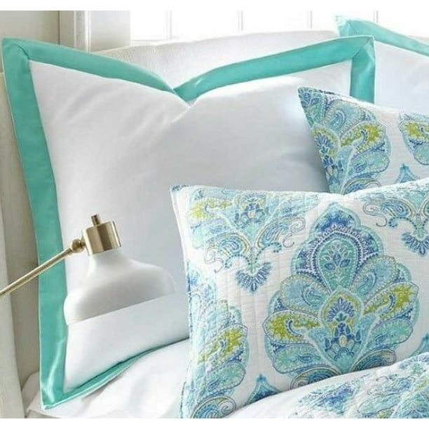 Levtex Home Brooke European Pillow SHAM White Turquoise Blue Border